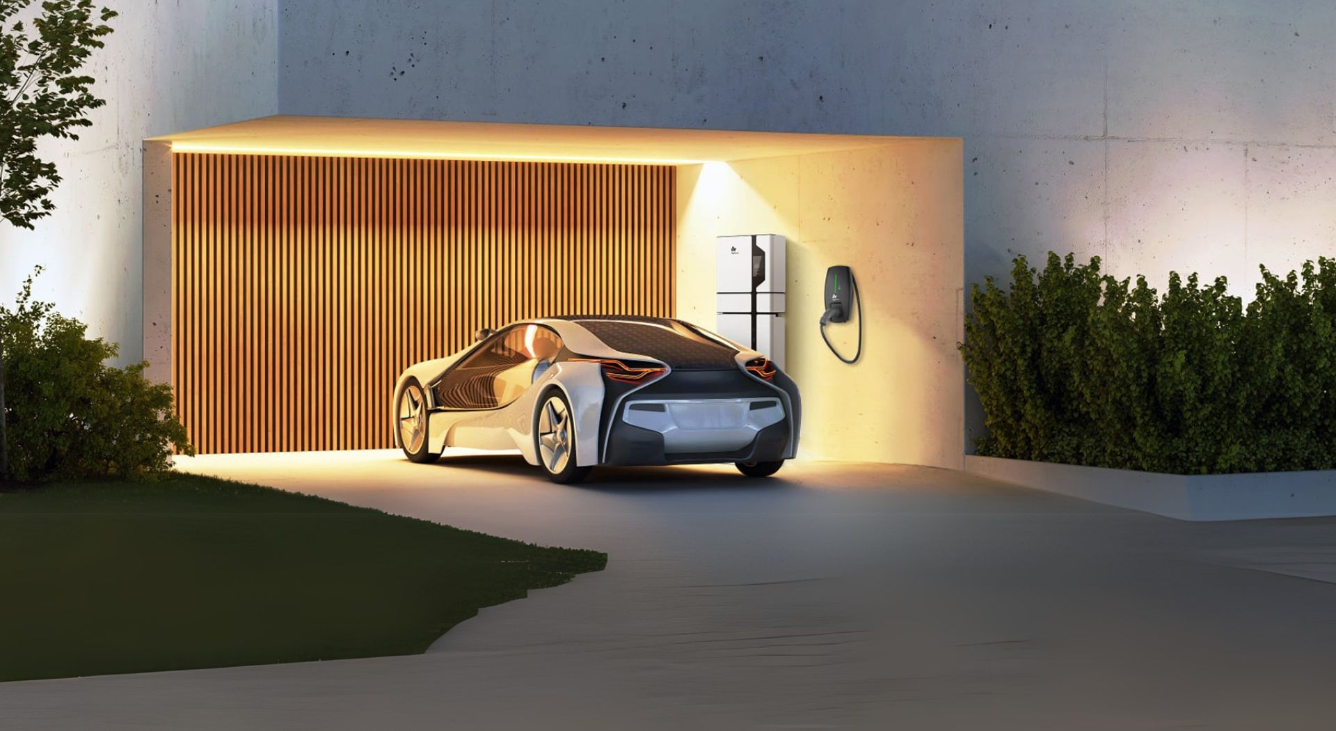 Een auto onder een carport naast een laadpaal