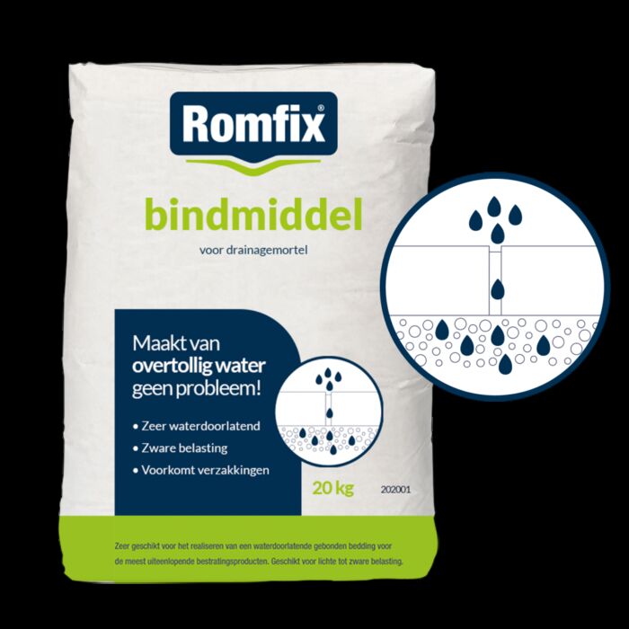 Romfix Bindmiddel 20kg (verwerking 1 op 4 / terras laagdikte 5cm! 1.3m2 per zak / oprit laagdikte 9cm 0.7m2 per zak